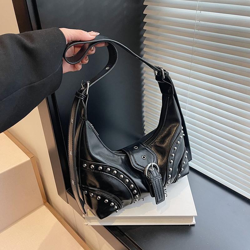 PU Leather Shoulder Bag for Women Rivets Studded Crescent Bag Buckle Underarm Bag Large Capacity Hobo Bag for Work Travel CLE