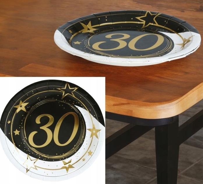 Talerzyki Papierowe 30 Urodziny Trzydziestka Złote Czarne Party 23Cm 6Szt.