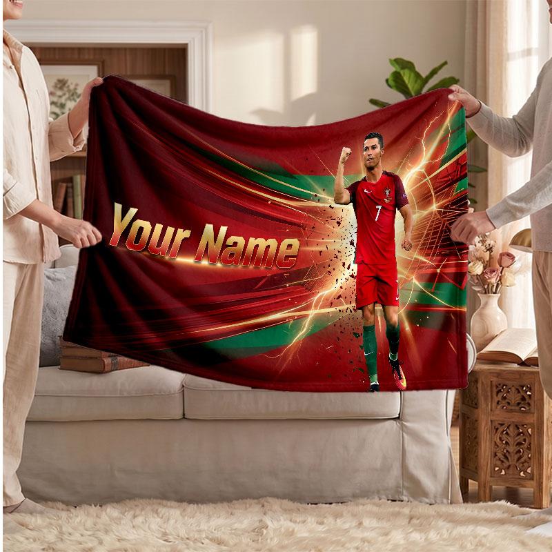 Personalisierte Fleece-Decke Cristiano Ronaldo mit Fußball-Logo, Individueller Name Text Weich Warm Home Überwurfdecke