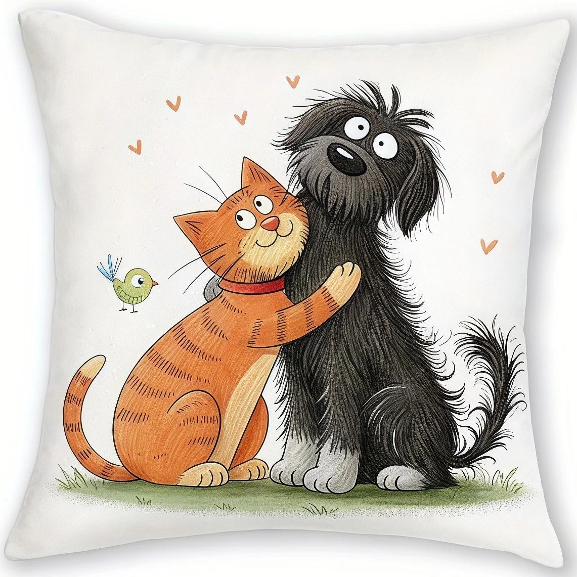 Funda De Cojín Con Patrn De Gato Y Perro, Fundas De Almohada De Estilo De Dibujos Animados, Funda De Almohada De 18X18 Pulgadas Peach skin 18*18(CM)-1Pcs
