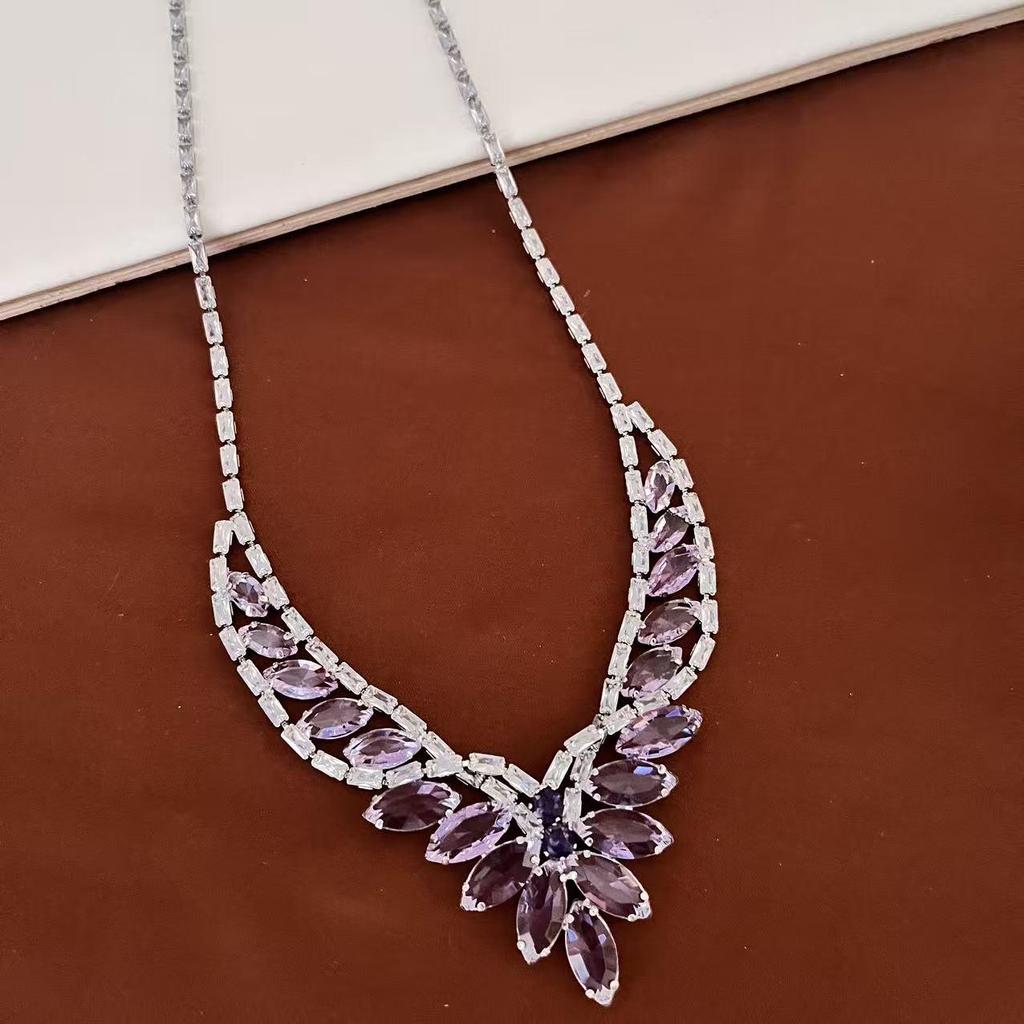European-American Zircon Luxury Necklace & Earring Set - Elegant Wheat Ear Design