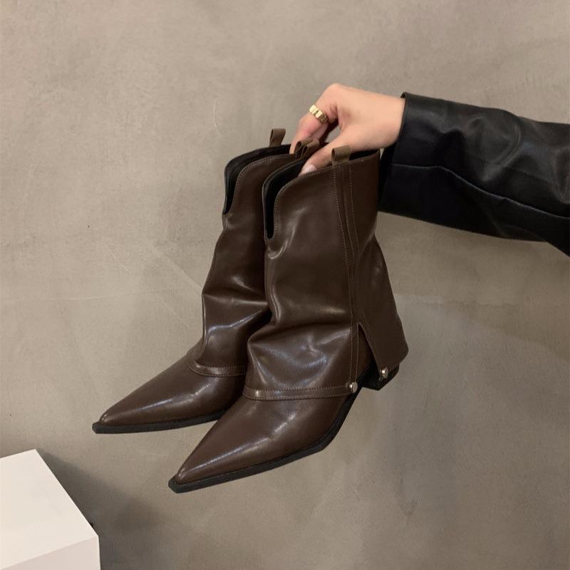 Women's Ankle Boots Chunky Heel Pointed Toe Short Boots 2026 New Spring Autumn Brown Cowboy Boots Woman Ladies Shoes Botas Mujer