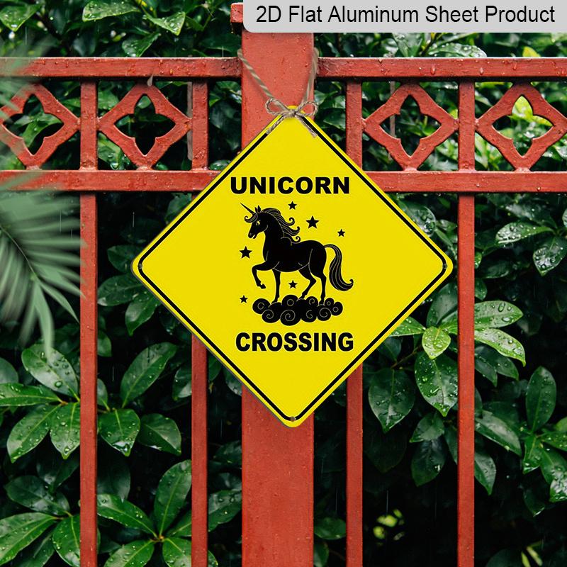 2D Flat - 1pc Whimsical Unicorn Crossing Caution Yellow Metal Tin Sign | Durable Indoor/Outdoor Wall Decor, Novelty Home or Garden Art, Unicorn Wall