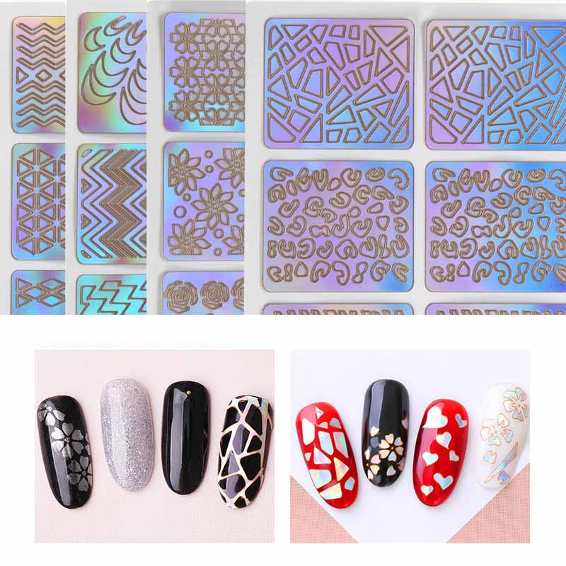 12/24 Arkusze Wycinane Laserowo Naklejki do Nail Artu Szablony do Stemplowania - Zestaw Narzędzi DIY do Manicure Francuskiego