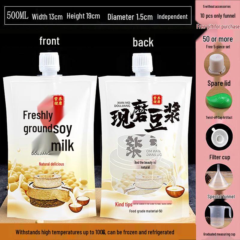 Soy Milk Stand-Up Spout Bag - Reusable, Transparent, Liquid-Safe, Large Diameter Packaging for Soups & Beverages