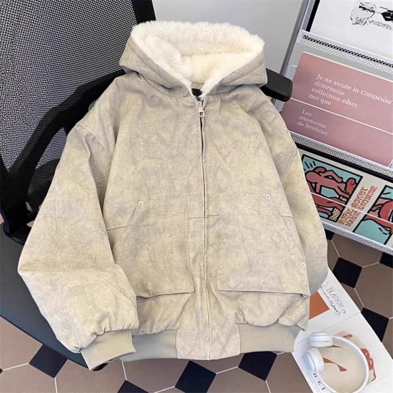 Oversized Hooded Zip-Up Fleece-Lined Cotton Jacket Men Women Winter Warm Loose Casual Outerwear