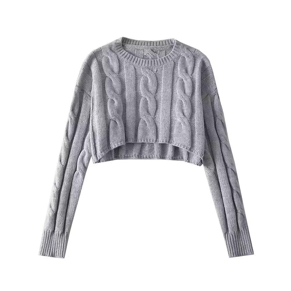 

YPFF Trendy Womens Retro Style Cable Knit Sweeper: Элегантный свободный короткий круглый вырез с длинным рукавом свитер Small серый