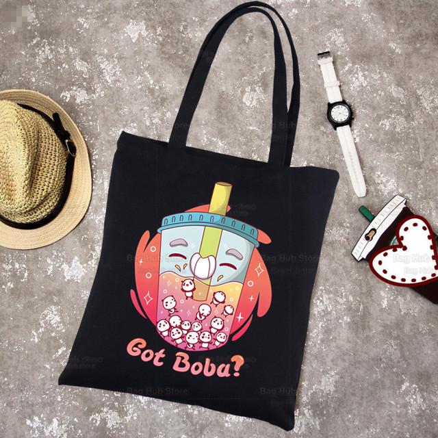 Boba Milk Tea Canvas Black Shopping Cartoon Cute Tote Bag Reusable Shoulder Bubble Tea Cloth Book Bag Gift Handbag