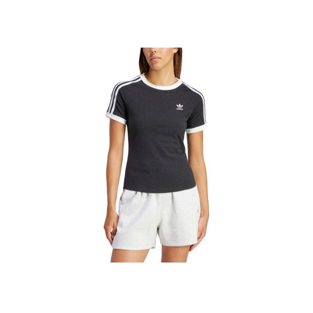 adidas Womens 3-Stripes Slim Raglan T-Shirt Black Melange Women Streetwear IU2429