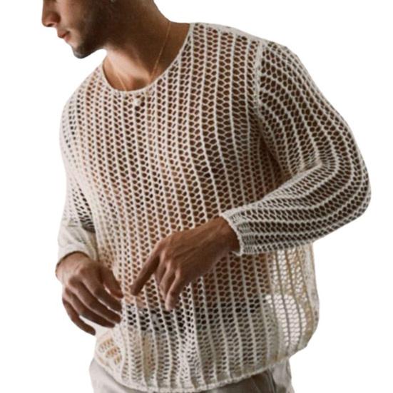 Men Mesh Top See Through Long Sleeves Round Neck Hollow-out Sexy Dress Up Polyester Men Bottoming Shirt Knitted Mesh Top Clothing for Male