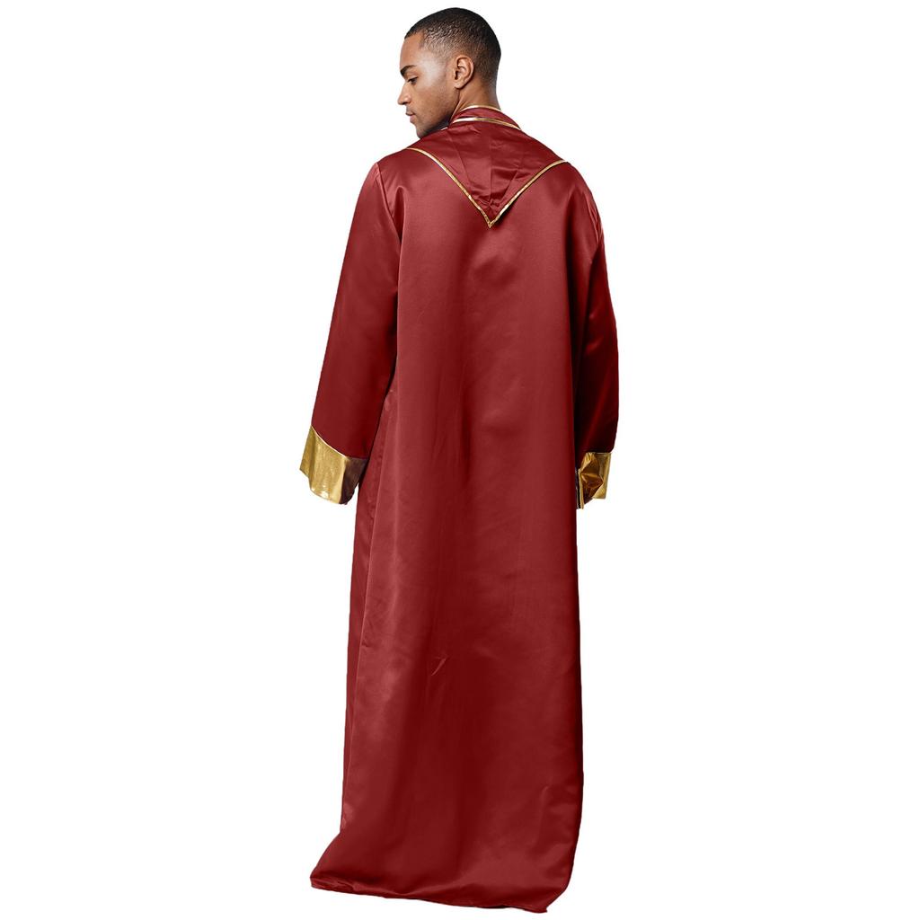 Mens Priest Robe Costume Stand Collar Long Sleeve Front Zip Design Gold Cross Cassock Catholic Halloween Cosplay Vestments