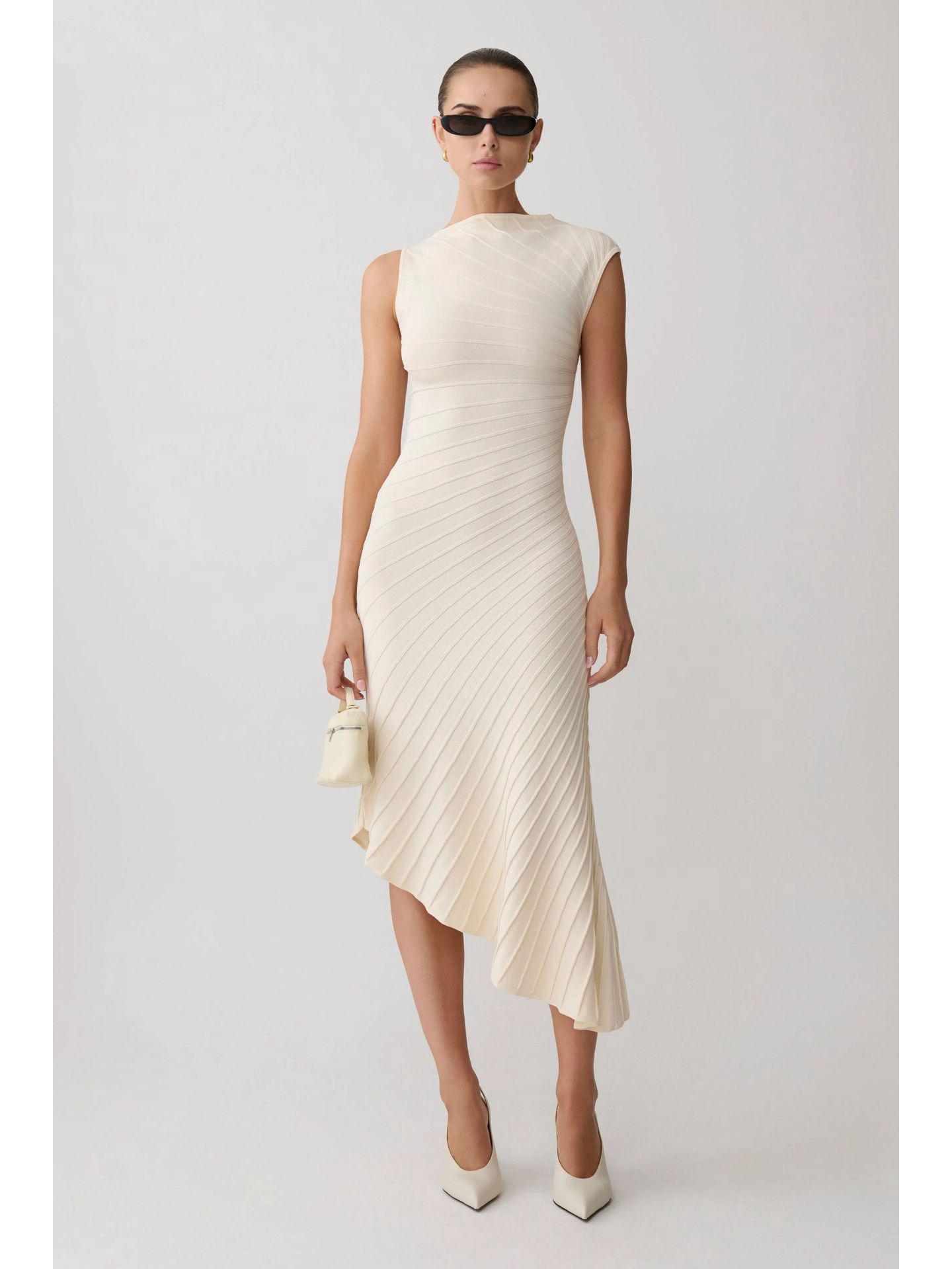 2026 Elegant Women s Twill Dress – Slim Fit, Waist-Cinching, Irregular Hem Medium слоновая кость