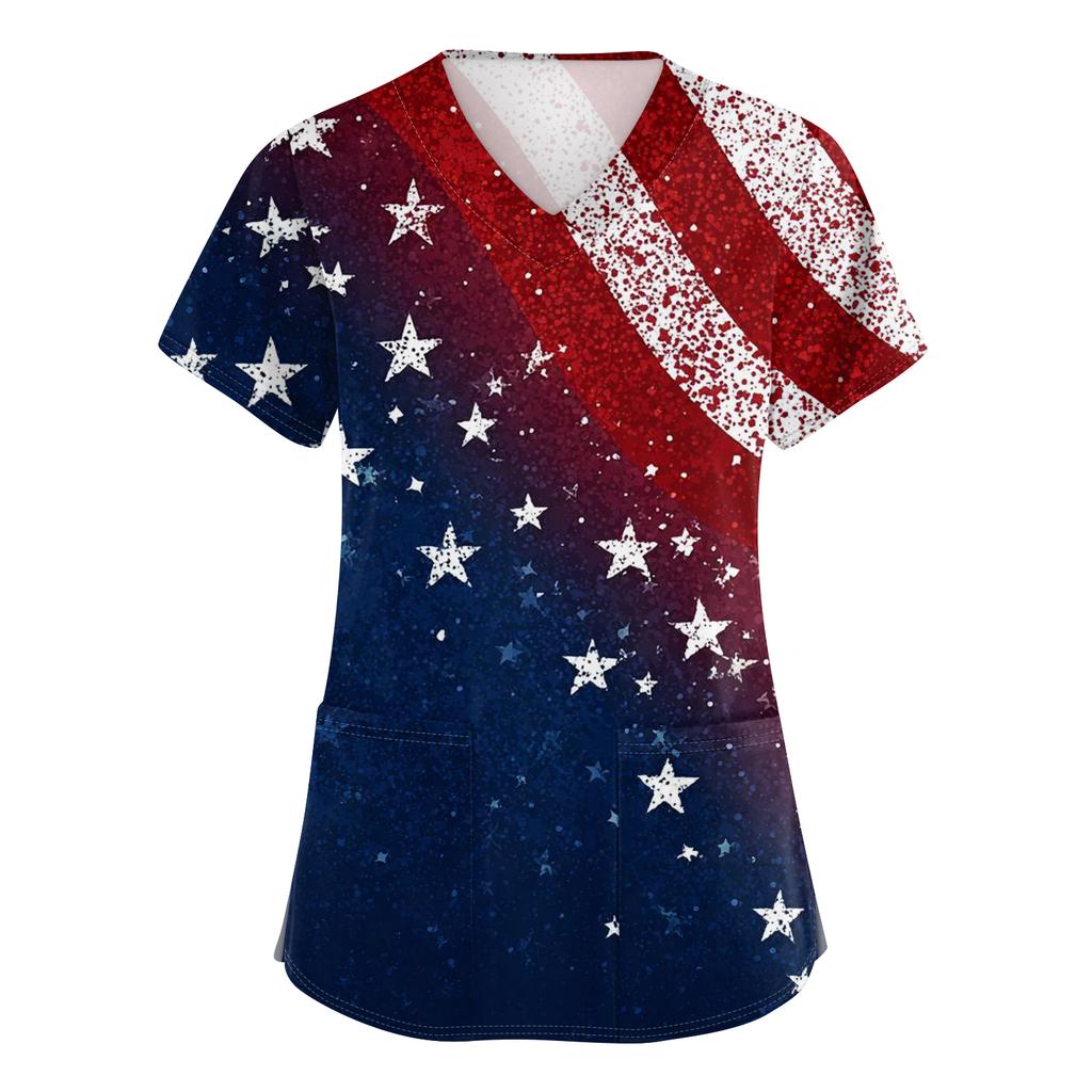 Damen V-Ausschnitt Unabhängigkeitstag Aufdruck Kurzarm Tasche Seitenöffnung Schutzkleidung Arbeitshemd