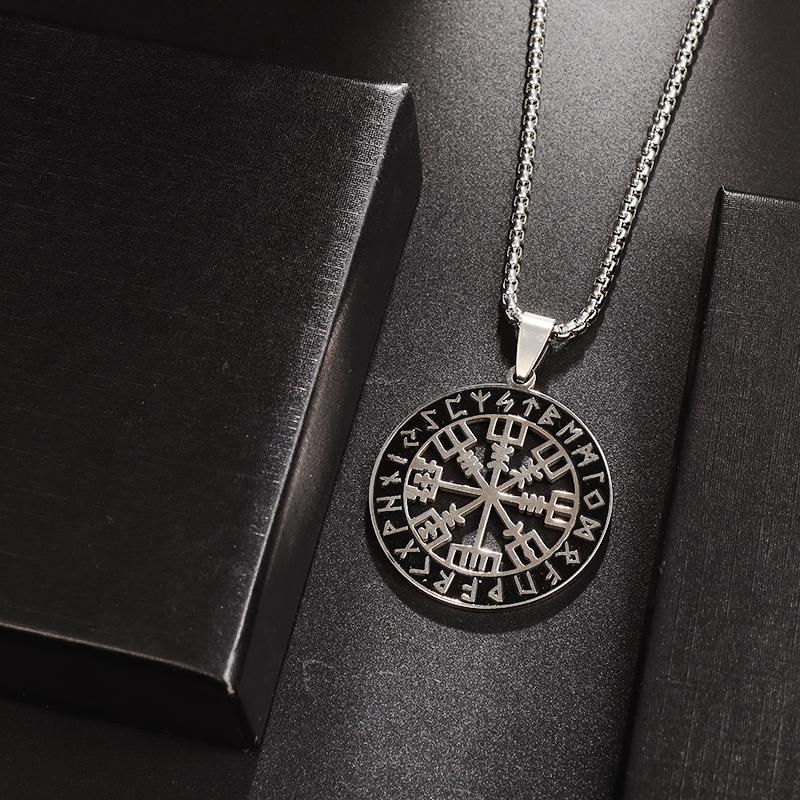 Exquisite Stainless Steel Rune Compass Pendant Necklace Men\'s Nordic Amulet Jewelry Gift