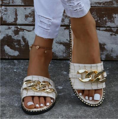 Fashion Sexy Chain Lock Solid Color Plus Size 2024 Summer New Style Roman Style Flat Outdoor Female Slippers Women Sandals