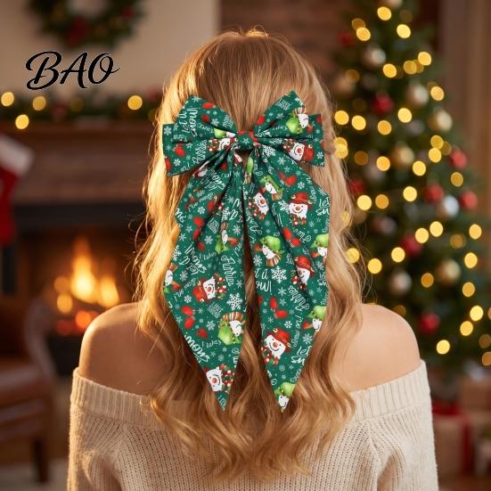 Red And Green Christmas Hair Clips Bows for Women Girls, Snowman Bow Clips, Handmade Elk Printed Bows, Festive Holiday Ribbons with Long Tail,
