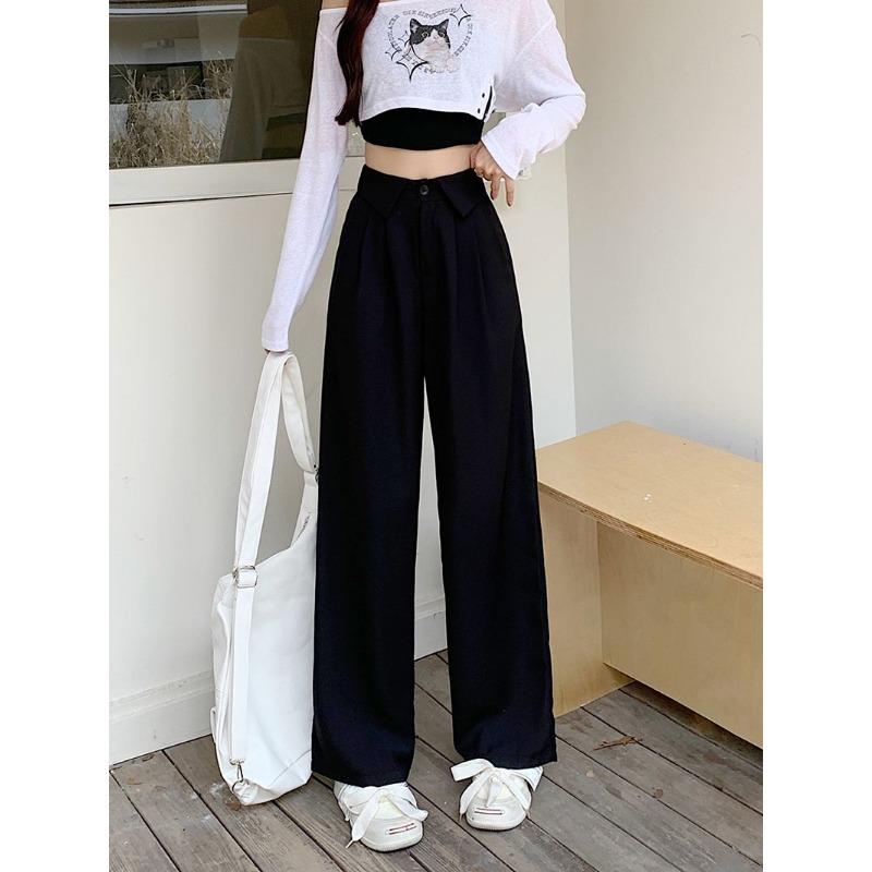 Women Turn Down Collar High Waist Wide Leg Straight Long Casual Suit Pants