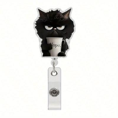 1pc Cute Tea Cup Black Cat Retractable Badge Holder, 2d Acrylic Nylon Rope, Suitable for Office Nurses, Students, Doctors, Registered Nurses