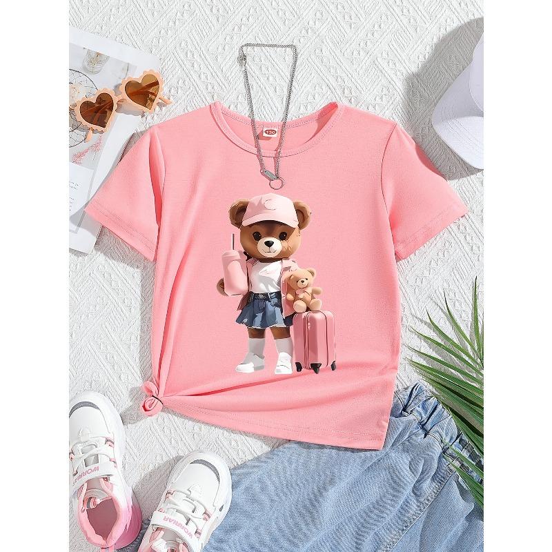 European sizes Bear print girls round neck casual knit short sleeve T-shirt comfortable and soft