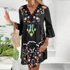 Summer Lady Dress Hollow Out Lace Patchwork Bohemian Three Quarter Sleeves Loose V Neck Printed Pleated Knee Length Vacation Beach Midi Dress