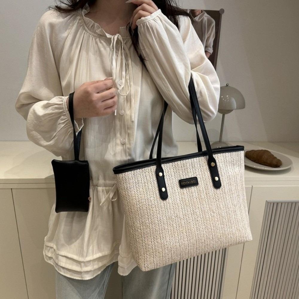 Simple Solid Color Weave Tote Bag Large Capacity PU Straw Shoulder Bag With Coin Purse Bohemian Beach Straw Handbag Women