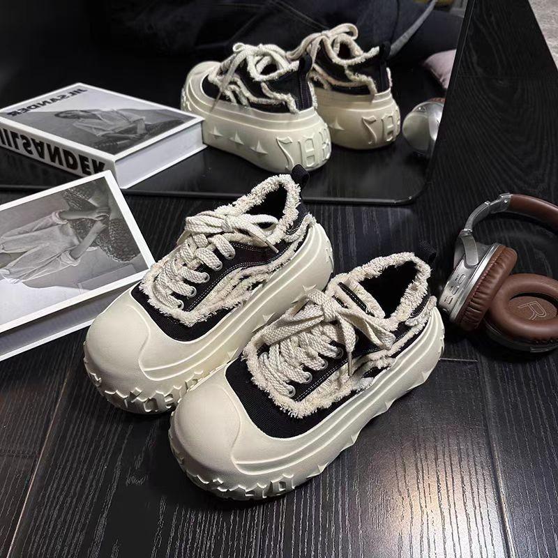Thick-soled ultra-fire shoes women's shoes 2025 dissolving new denim ins lace-up casual shoes board shoes muffin summer