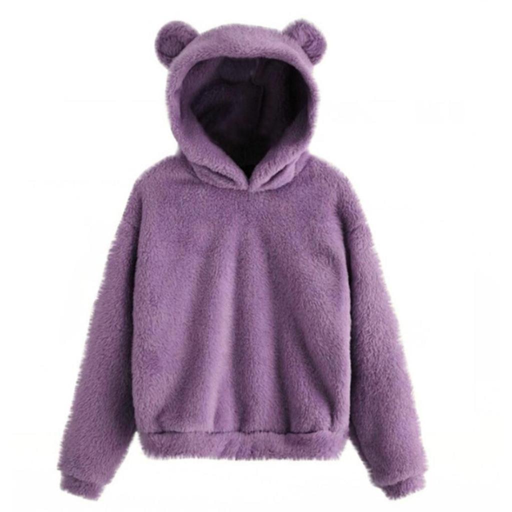 Mode Femme Manches Longues Couleur Unie Polaire Oreilles Capuche Chaud Pull Sweat-shirt