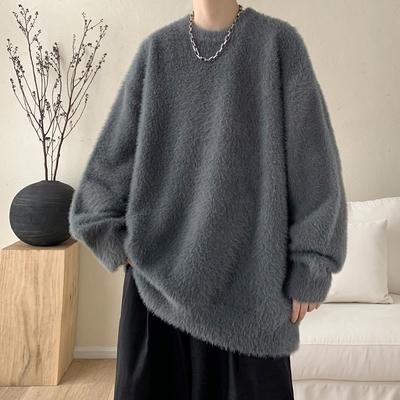 Autumn Solid Fluffy Warm Knitted Sweaters For Man New High Street Fashion Loose Pullovers 2025 New Y2K Vintage Knitwear Jumpers