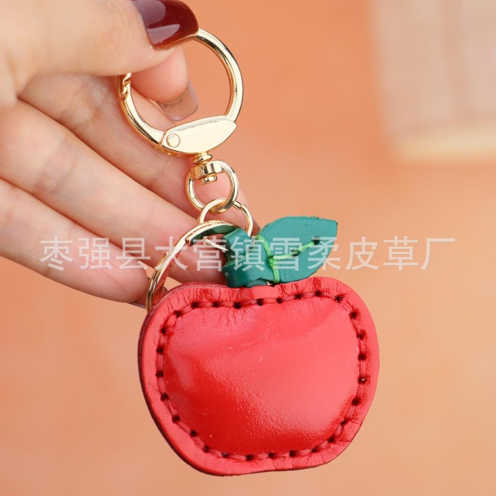 First Layer Cowhide Small Apple Keychain Pendant Locomotive Car Key Chain Accessories Bag Pendant Cute Little Gift
