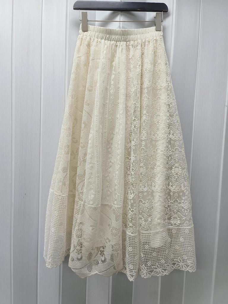 Mori-Stil Mehrfach-Spitzen-Häkel-Patchwork Midi-Rock - 2026 Frühjahrsbeginn Koreanischer A-Linien-Rock