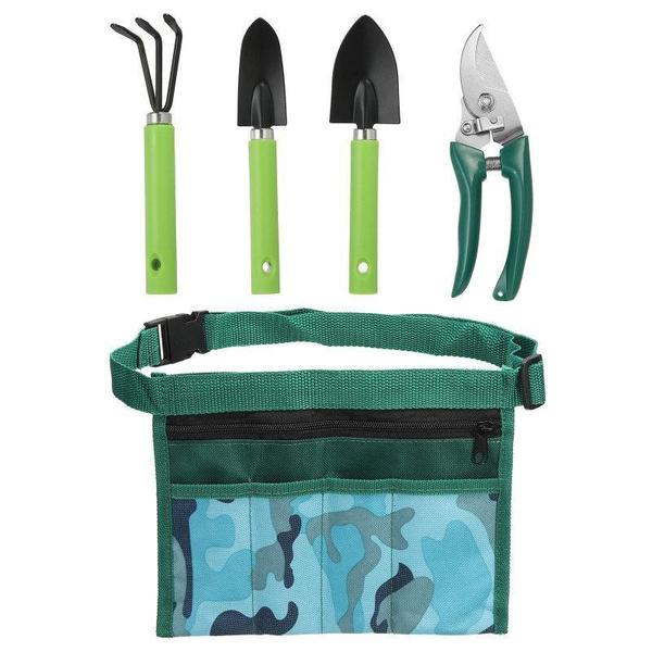

1SET Portable Gardening Tool Set, Tool Pouch Belt with Round Shovel & Point Shovel & Hand Cultivator & Pruning Shear for Garden Yard Lawn