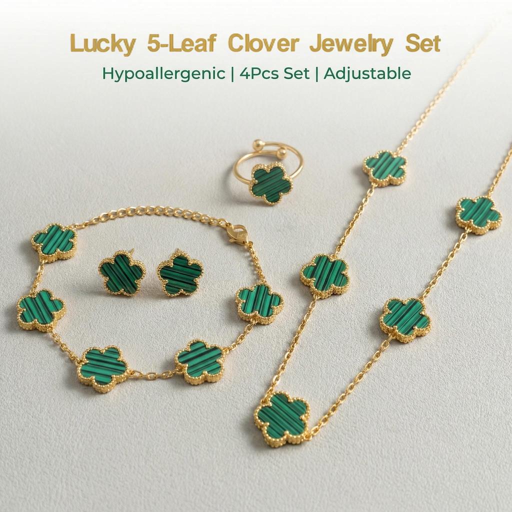 18K Gold Plated Stainless Steel 5 Leaf Clover Necklace Bracelet Earrings Ring 4pcs Jewelry Set for Women Lucky Gift
