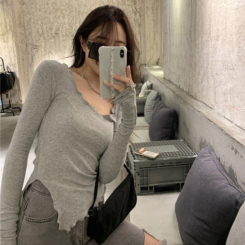 Grey T-shirt Women's Autumn Tight Slim Long Sleeve Base Shirt New Short Design Sense Student Top
