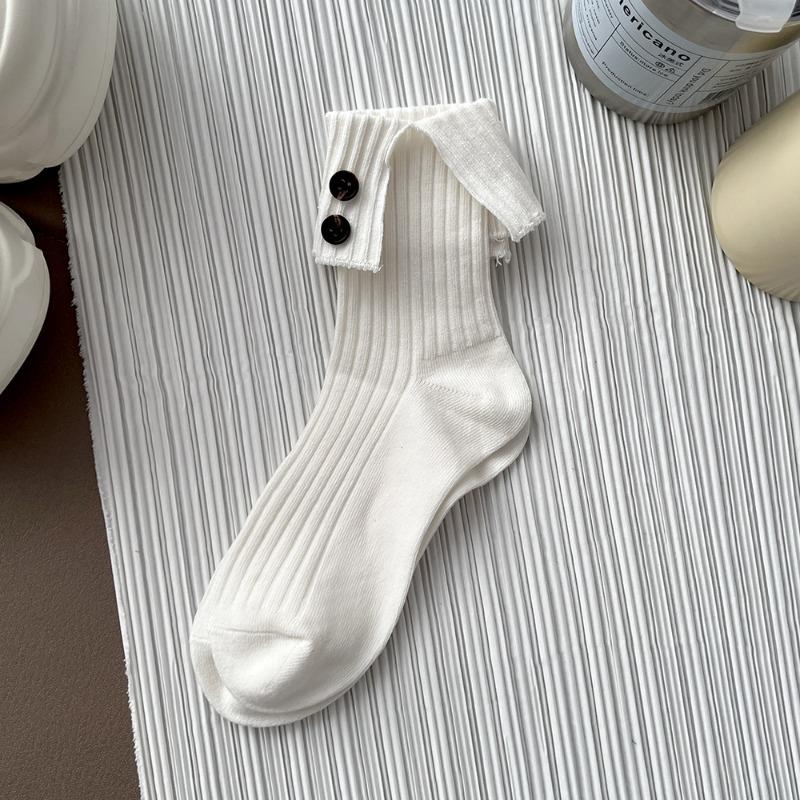 2025 New Turn-Up Cuff Socks with Hand-Sewn Buttons INS Causal Decorative Mid-Calf Cotton Socks for Girle Trendy Crew Socks