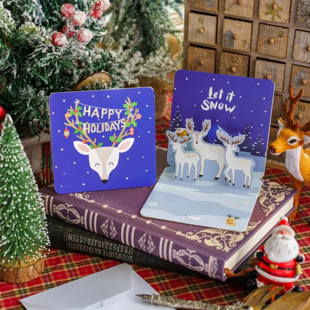 Merry Christmas Fold Small Greeting Cards with Envelopes Xmas Postcard Navidad New Year 2025 DIY Gift Card Decoration Noel