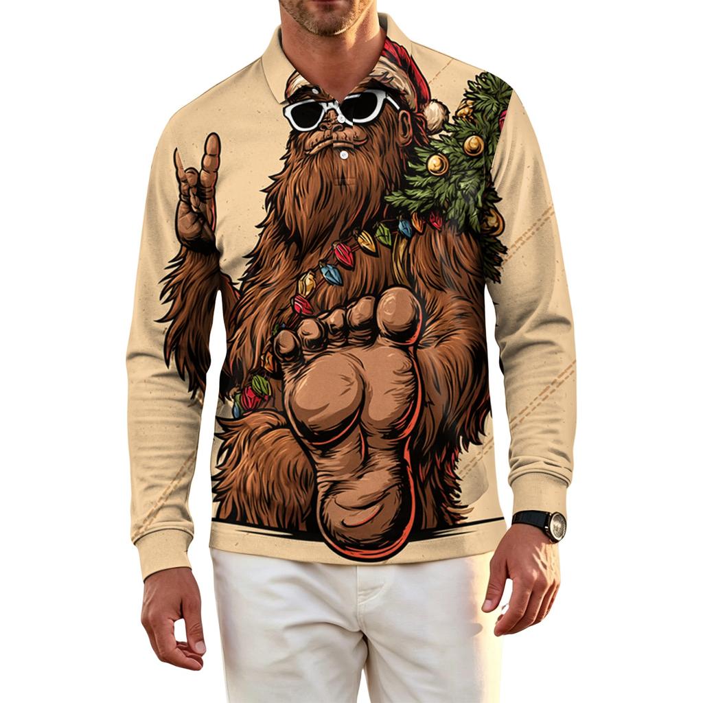 Men's Casual Quick-Dry Mesh Golf Shirt Long Sleeve Top with Christmas Print