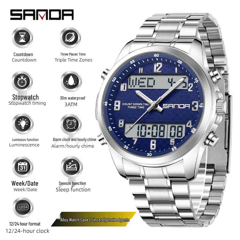 Sanda Waterproof Teen Boys' Sports Watch: Multifunctional Alarm, Three-Time Zone, Dual Display.