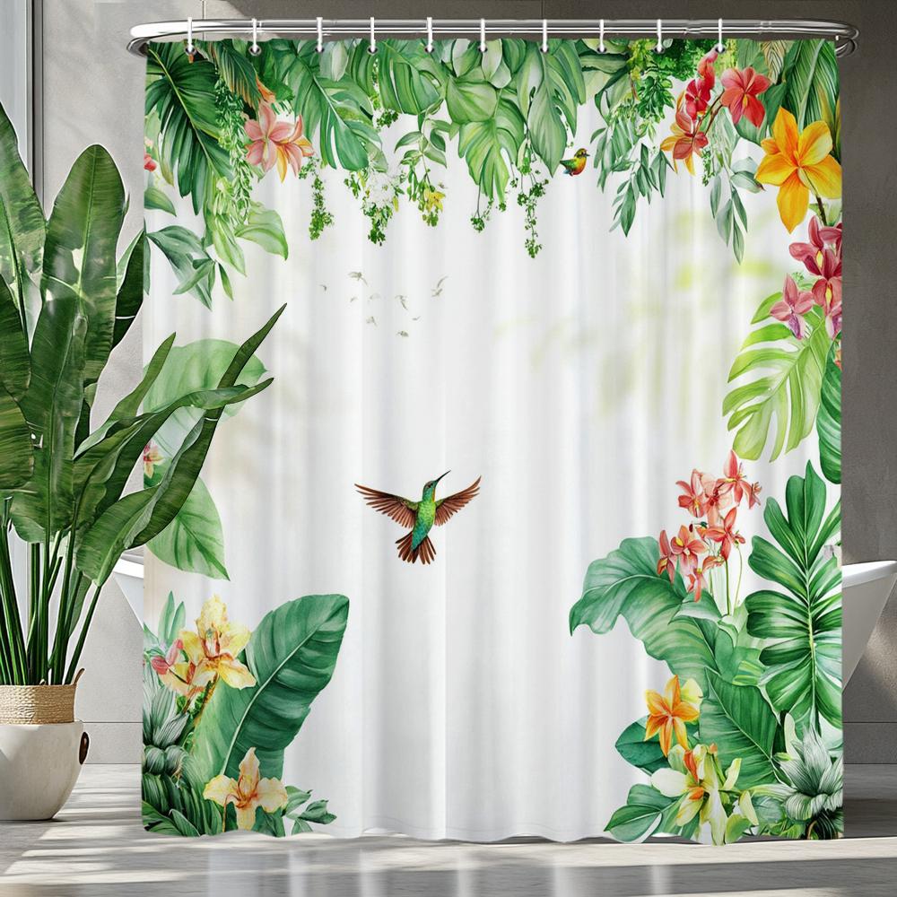 Tropical Green Plants And Flowers Birds Shower Curtain, Bathroom Decorative Shower Curtain, Printing Shower Curtain With Hooks