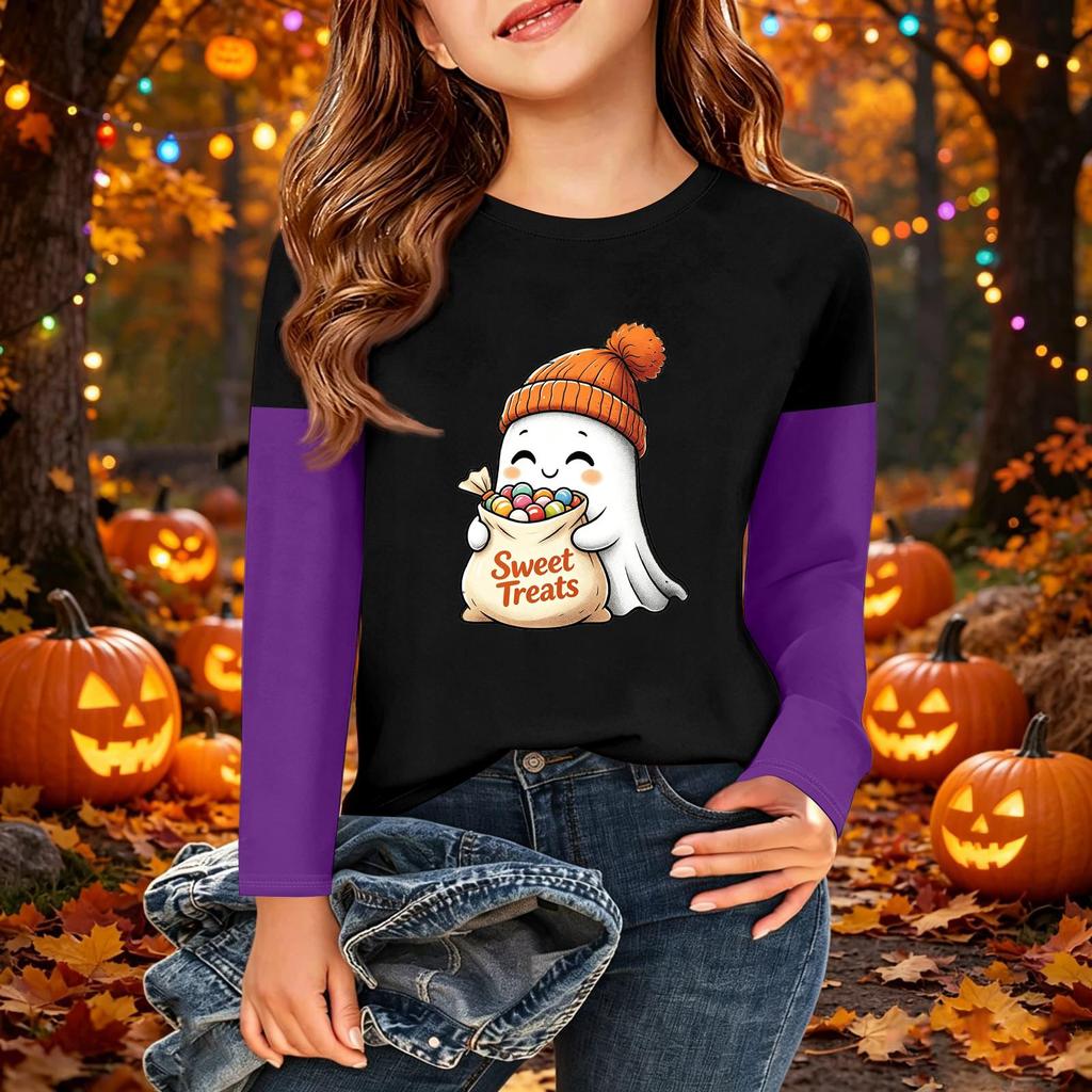 Kids Halloween Print Long Sleeve Neck T-Shirt Casual Top for Boys Girls