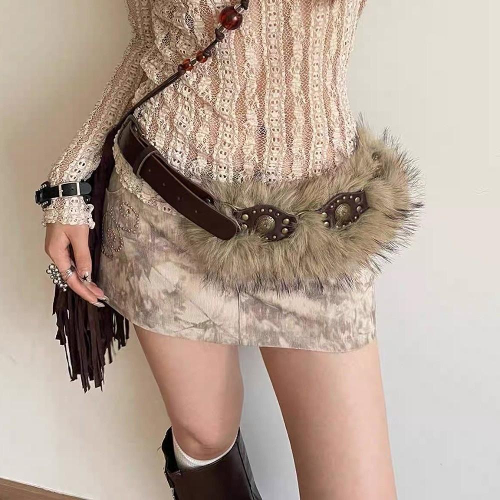 Spicy Girl Style Furry Waistband Y2K Plush Waist Belt Vintage Leather Fur Belt Daily