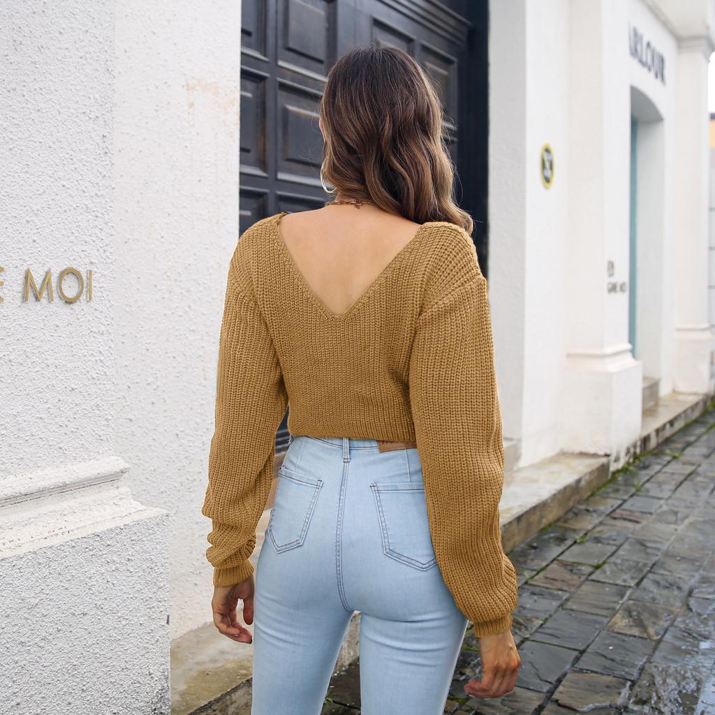 Women Autumn Winter Cropped V Neck Knotted Sweater Solid Color Balloon Sleeve Sizes S to L