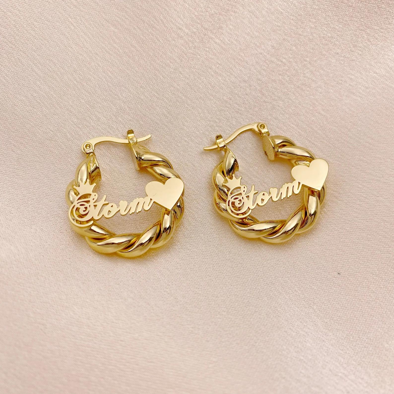 Personalized Custom Name Heart Letter Hoop Earring Stainless Steel Glod Plated Kids Baby Mini Hoop Name Twist Earrings Earing&18mm