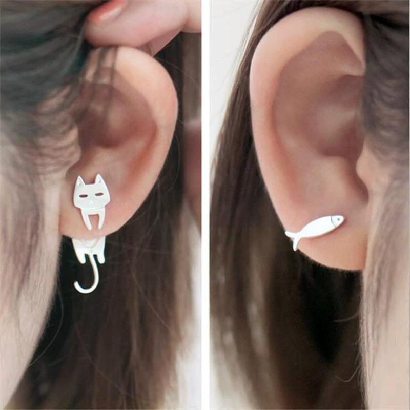 

Rinhoo Mini Cute Temperament Aysmmetric Stud Earrings for Women Simple Animal Cat Fish Earring Daily Wear Jewelry Gift