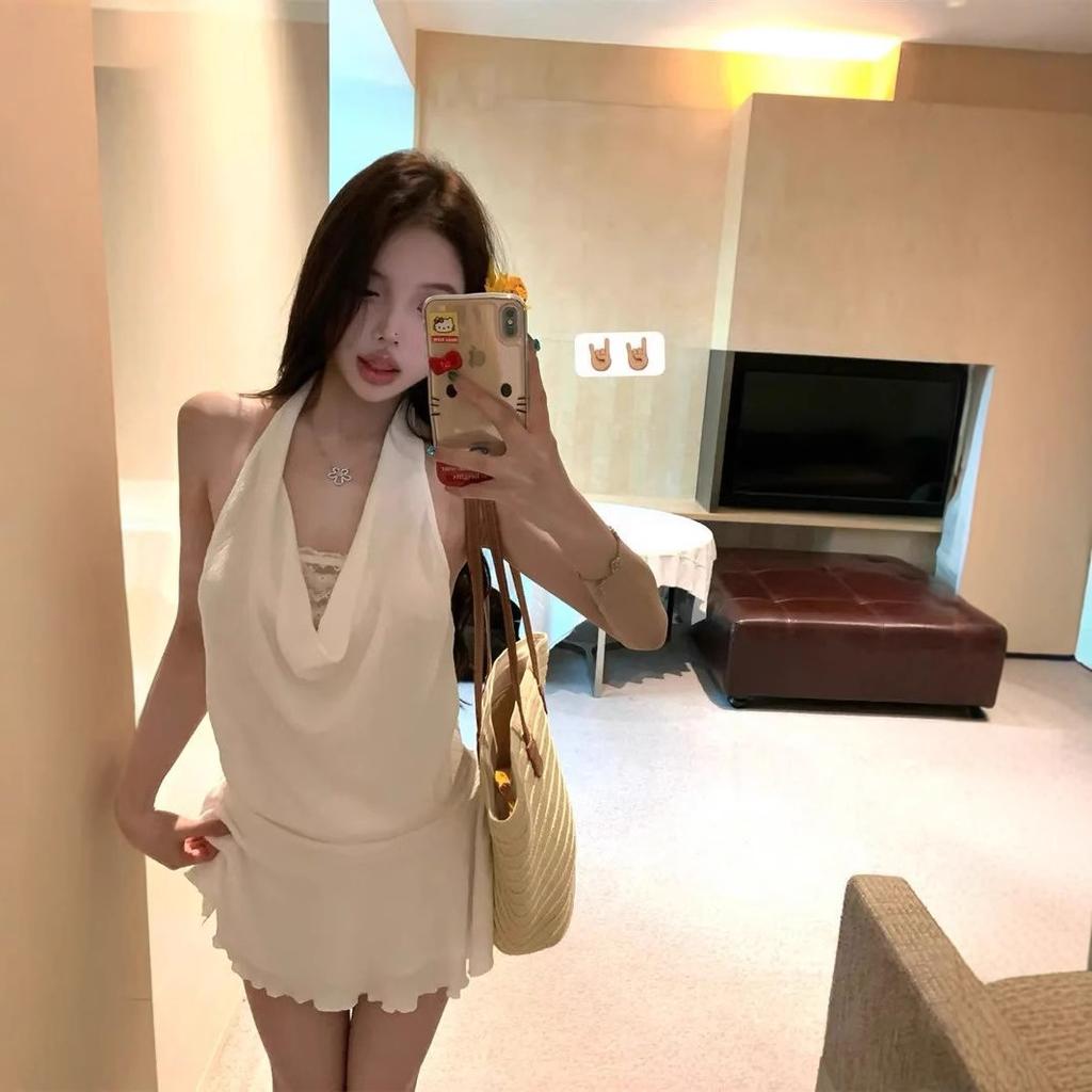 [] Beautiful back swing collar neck dress women's high-end sense slim-fitting white waist a-word short skirt