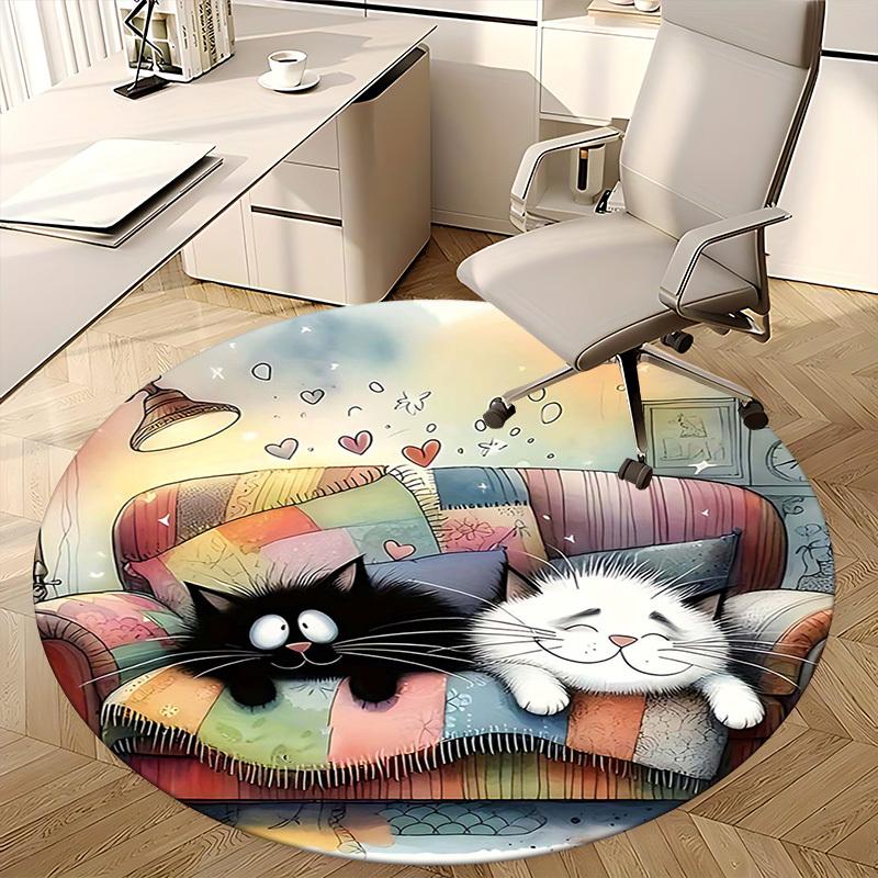 1 peça Tapete Redondo com Design de Anime Gatos Fofos em Colcha Colorida Tapete para Cadeira, Tapete Antiderrapante para Decoração de Escritório e Casa