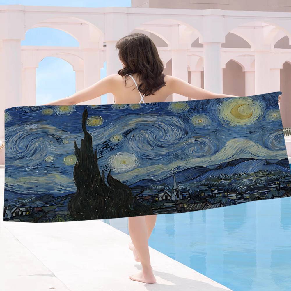 Van Gogh Starry Sky Art Microfiber Printed Beach Towel Mountain Climbing Yoga Beach Swimming Running Absorbent Soft Towel