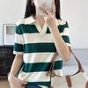 Summer Women's Cotton Knit Short Sleeve Polo Collar Striped Top