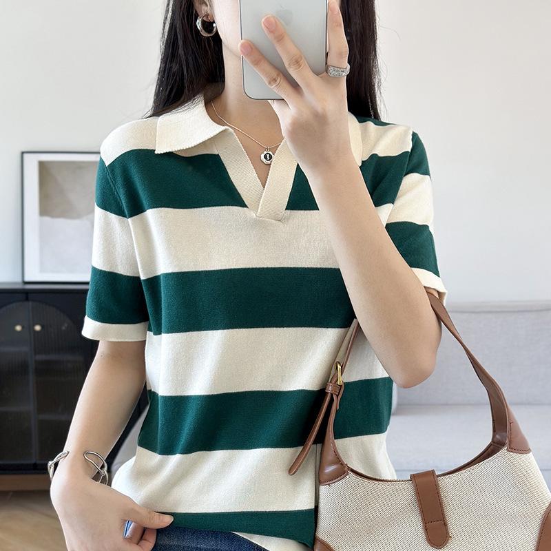 Summer Women's Cotton Knit Short Sleeve Polo Collar Striped Top