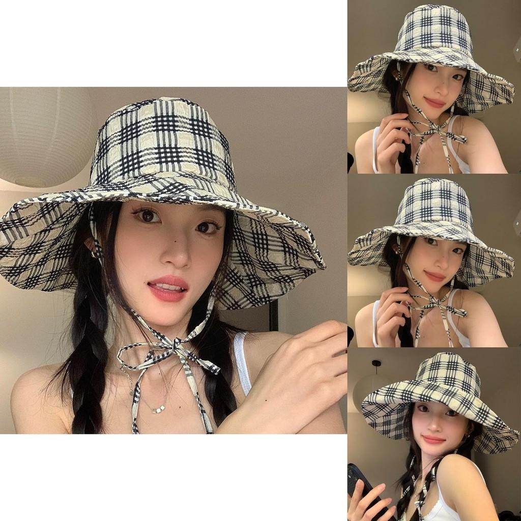 2024 Fashionable Black Gray Plaid Sun Hat With Wide Brim For Effective Uv Shielding