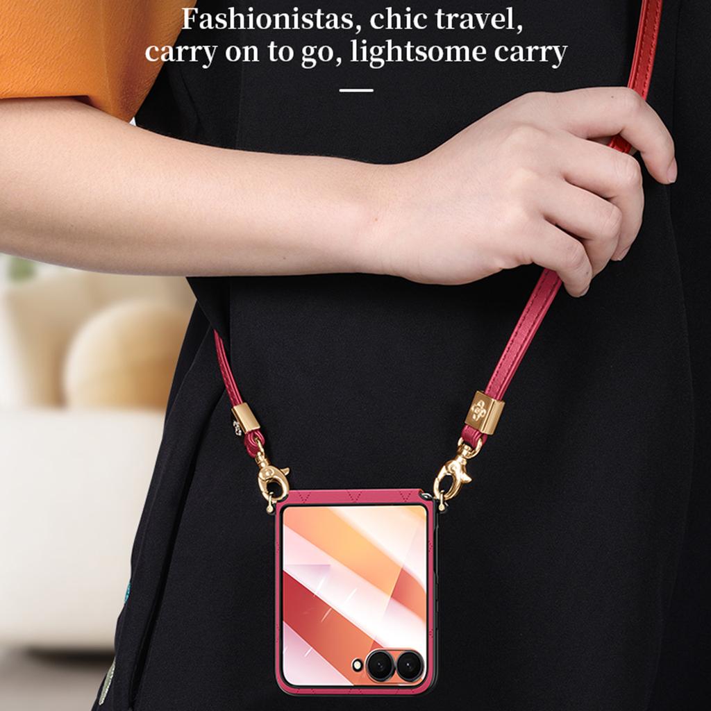 SULADA For Samsung Galaxy Z Flip7 5G Case Rhombus Leather+PC Phone Cover with Shoulder Strap